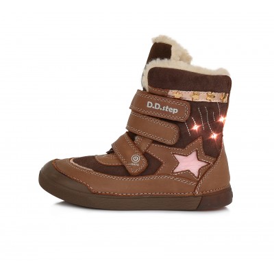 D.D. step dievčenská detská celokožená zimná blikajúca obuv W068-767M Chocolate